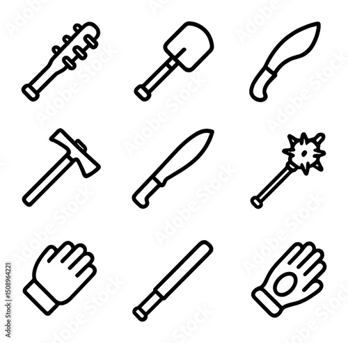 Melee Weapon Icons. Outline icon set of melee weapon arsenal: trench club, entrenching tool, kukri knife, tomahawk axe, machete