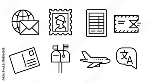 Global communication icons set featuring mail, travel, and language translation