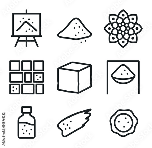 Salt Art Icon Set. Outline icon set of salt in art & design: salt painting canvas, colored salt pile, mandala pattern, salt mosaic