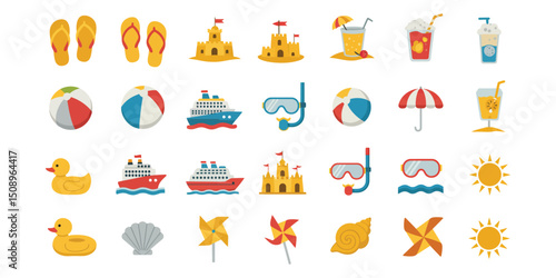 "Flat Summer Vacation and Beach Icons Set – Colorful Vector Illustrations of Flip-Flops, Sandcastles, Drinks, Boats, and Sun"