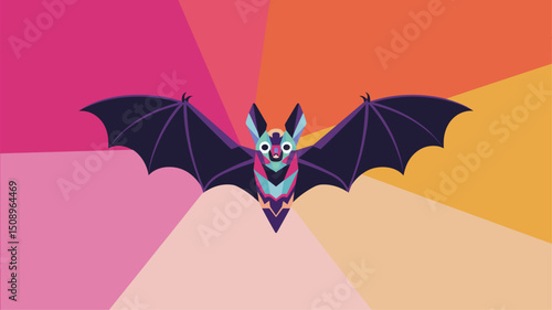 A whimsical geometric illustration of a bat featuring vivid colors and sharp shapes, perfect for Halloween and playful designs. Ideal for children's graphics or nature-themed projects.