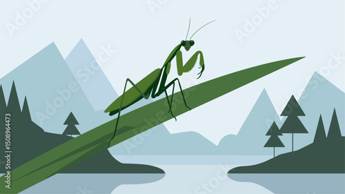 A vibrant vector illustration featuring a green praying mantis perched on a leaf, set against a tranquil landscape of mountains and lakes. Ideal for nature and wildlife themes.