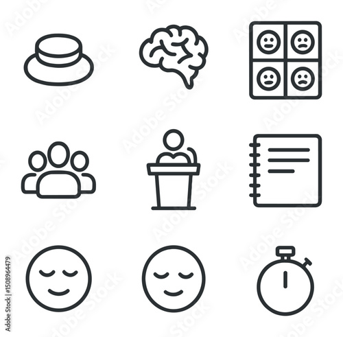 Mental Health Icons. Outline icon set of mental health workshops: meditation pad, therapy couch, brain icon, emotion chart, group
