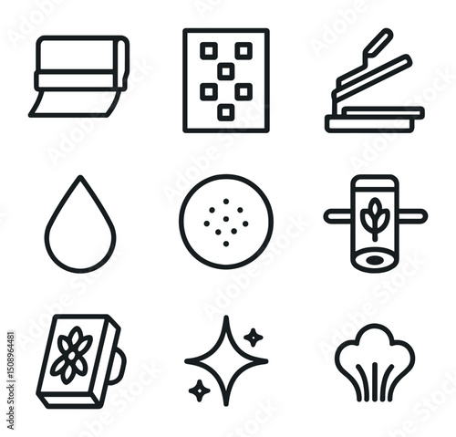 Printed Fabric Icons. Outline icon set of printed fabric motifs: screen print squeegee, digital print pattern, heat transfer press
