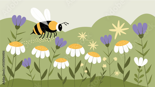 A vibrant illustration featuring a bee collecting pollen from a variety of cheerful flowers in a sunny garden. Perfect for themes of nature, gardening, and pollinators.