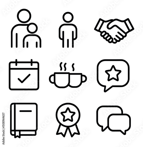 Mentorship Icon Set. Outline icon set of mentorship & support: mentor silhouette, mentee figure, handshake, calendar meeting,