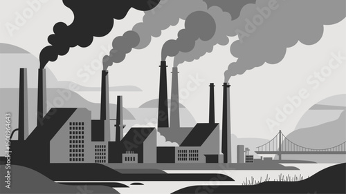 Monochrome vector illustration of an industrial landscape featuring smokestacks releasing smoke, factories, and a bridge. Perfect for topics on pollution, industry, or infrastructure.