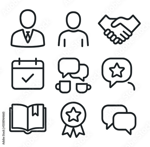 Mentorship Icon Set. Outline icon set of mentorship & support: mentor silhouette, mentee figure, handshake, calendar meeting,