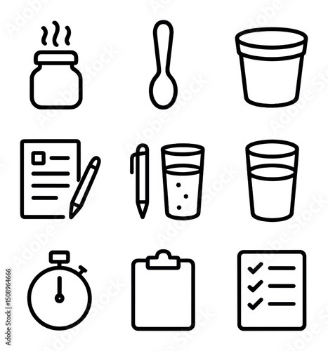 Sensory Evaluation Tools Icons. Outline icon set of sensory evaluation tools: aroma jar, tasting spoon, spit bucket, score sheet,
