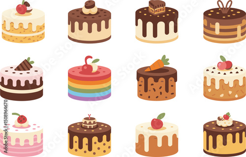 Colorful birthday cake with candles and assorted cupcakes and slices of strawberry chocolate cake flat vector illustration dessert party celebration sweet food