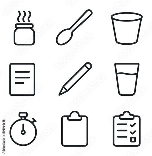 Sensory Evaluation Tools Icons. Outline icon set of sensory evaluation tools: aroma jar, tasting spoon, spit bucket, score sheet,