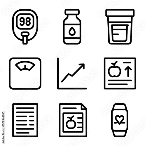 Metabolic Health Icons. Outline icon set of metabolic health tests: glucose meter, insulin vial, lipid panel vial, urine sample