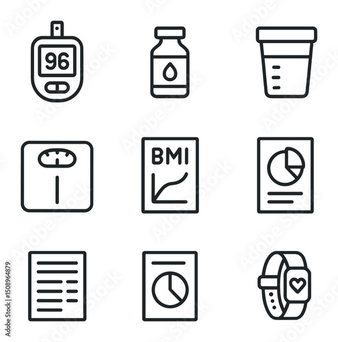 Metabolic Health Icons. Outline icon set of metabolic health tests: glucose meter, insulin vial, lipid panel vial, urine sample