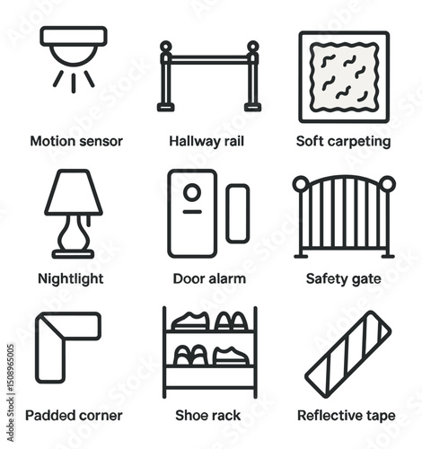 Sleepwalking Safety Icons. Outline icon set of sleepwalking safety measures: motion sensor light, hallway rail, soft carpeting,