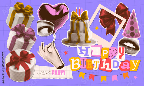 Happy birthday halftone art collage cut outs set.Various paper clipping shapes, hands holding heart shaped balloon, present boxes, stickers with vintage dotted texture. Retro grunge mixed media vector