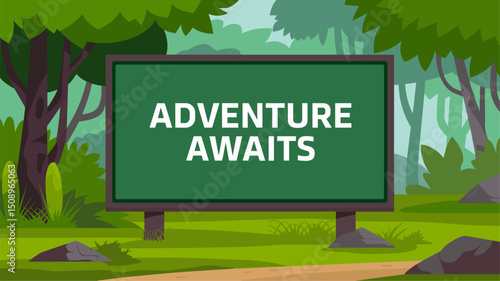 Explore the great outdoors with this vibrant illustration featuring a sign that reads 'Adventure Awaits', set against a lush, green forest. Perfect for travel, nature, or adventure themes.