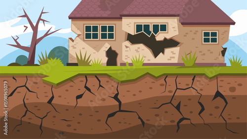 A colorful vector illustration depicting a house with cracks and damage, set against a backdrop of cracked earth and a bare tree. Ideal for themes of safety and disaster response.
