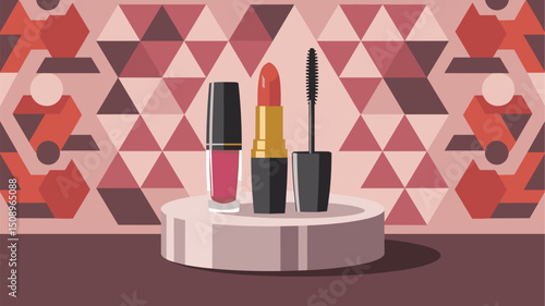 A modern vector illustration showcasing a stylish arrangement of lipstick, nail polish, and mascara on a circular pedestal. The geometric patterned background adds a chic touch.