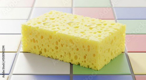 Yellow Cleaning Sponge on Colorful Tiles
