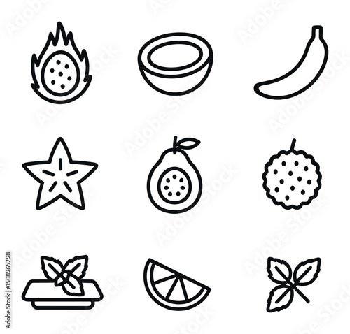 Tropical Fruit Icons. Outline icon set of tropical fruit arrangement: dragon fruit, coconut half,