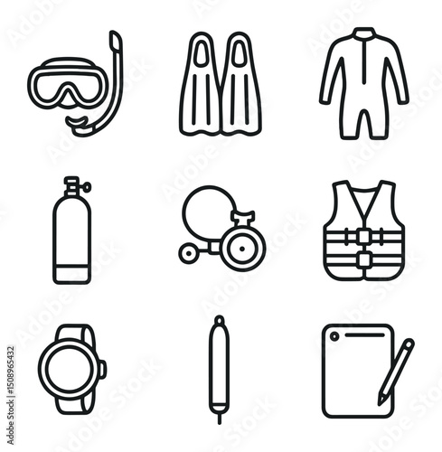 Snorkeling Gear Icons. Outline icon set of snorkeling and diving gear: snorkel mask, fins, wetsuit, dive tank, regulator, buoyancy
