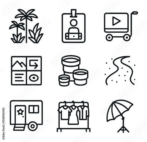 Tropical Movie Set Icons. Outline icon set of tropical outdoor movie set: jungle vegetation,