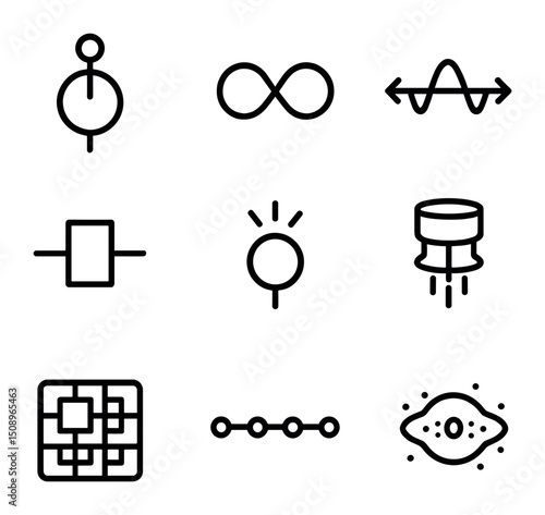 Quantum Computing Icons. Outline icon set of quantum computing foundations: qubit symbol, entanglement link, superposition wave,