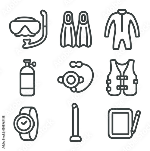 Snorkeling Gear Icons. Outline icon set of snorkeling and diving gear: snorkel mask, fins, wetsuit, dive tank, regulator, buoyancy