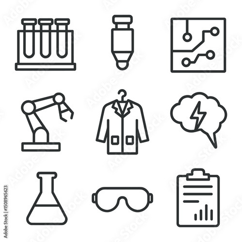 R&D Lab Icons. Outline icon set of R&D laboratory innovations: test tube rack, microscope lens, circuit board, robot arm, lab coat