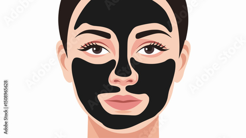 Stylish vector illustration of a woman applying a charcoal facial mask, representing beauty, skincare, and self-care. Perfect for health and wellness themes.