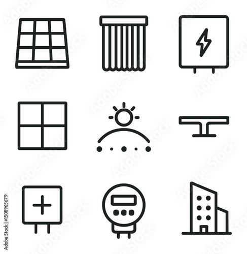 Solar Façade Icon Set. Outline icon set of solar-integrated façades: photovoltaic panel, solar thermal tube, inverter box, façade
