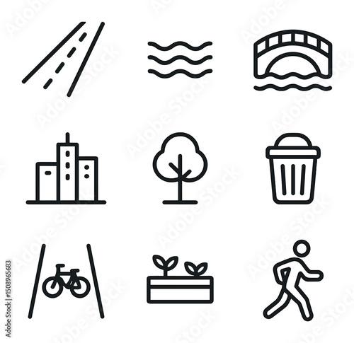 Urban Canal Icon Set. Outline icon set of urban canal stroll: pedestrian path, water ripple, arched