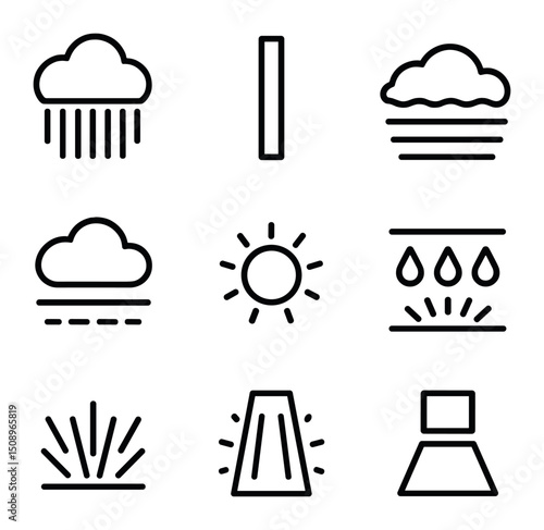 Rain and Light Icons. Outline icon set of rain shafts and shafts of light: rain curtain, vertical beam, mist layer, cloud veil,