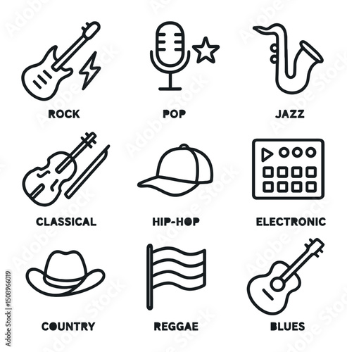 Music Genre Icons. Outline icon set of music genres: rock, pop, jazz, classical, hip-hop, electronic, country, reggae, blues. Line