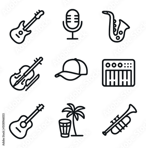 Music Genre Icons. Outline icon set of music genres: rock, pop, jazz, classical, hip-hop, electronic, country, reggae, blues. Line