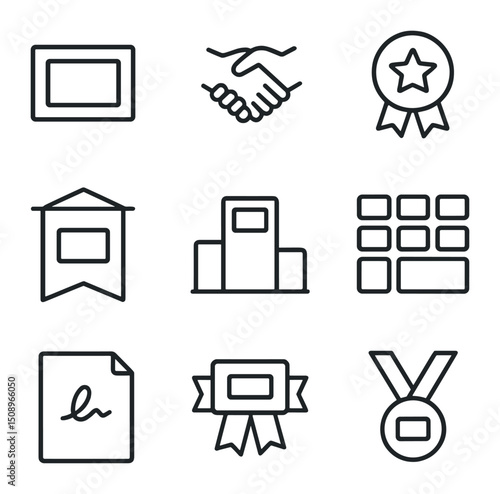 Sponsor Icon Set. Outline icon set of sponsor and partner recognition: sponsor logo placeholder, handshake icon, sponsor badge,