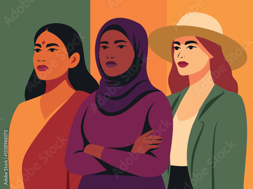 Equality Day. Vector banner with three women of different cultures and skin colors. Symbol of self-love, female power and solidarity. Use for women's projects, women's day