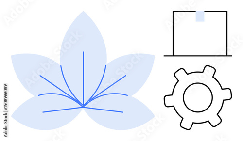 Abstract lotus flower with linear accents, a cogwheel representing innovation, and a box element. Ideal for environment, technology, balance, productivity, design, mindfulness flat simple metaphor