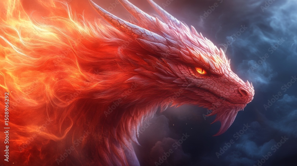 Fototapeta premium A mythical dragon head in a flat, symmetrical style, combining sharp geometric edges with soft curves. 