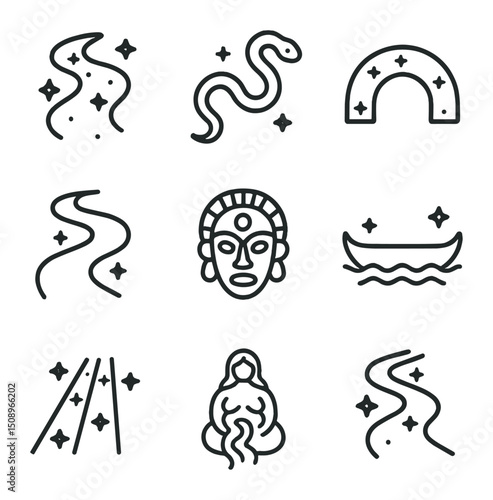 Mythical Icons Collection. Outline icon set of mythological representations: galaxy river curve, cosmic serpent line, Milky Way