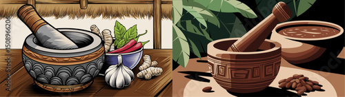 This vector image features two traditional mortar and pestle setups, showcasing various spices and herbs. The left side depicts an ornate mortar with chilies and garlic, while the right disp...