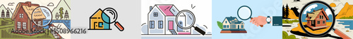 This vector collection depicts various real estate inspection scenarios, showcasing homes with magnifying glasses and buyers involved. Perfect for real estate and property themes.