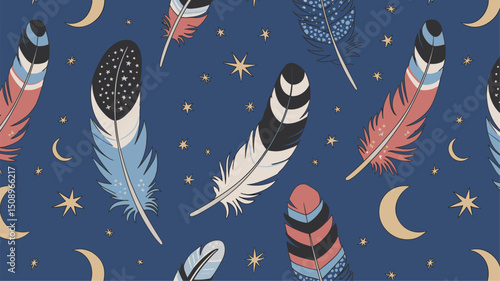 A vibrant seamless pattern featuring colorful feathers, stars, and moons on a rich navy background, perfect for textiles and decorative design.