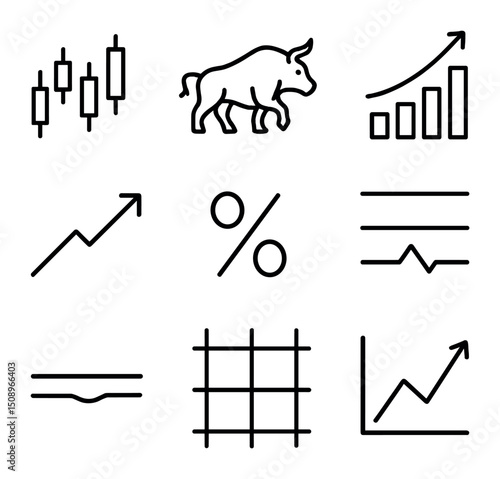 Stock Market Icons. Outline icon set of stock market growth: candlestick chart, bullish bull, volume bars, ticker tape, upward