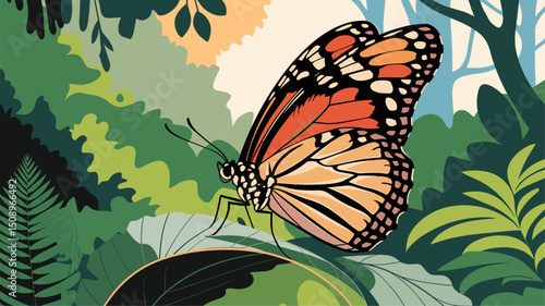 A vibrant illustration of a monarch butterfly perched on a green leaf, surrounded by rich jungle foliage and tropical plants. Perfect for nature and wildlife themes.