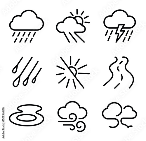 Storm Weather Icons. Outline icon set of storm break light: dark cumulonimbus, silver lining, sudden beam, raindrop streak,