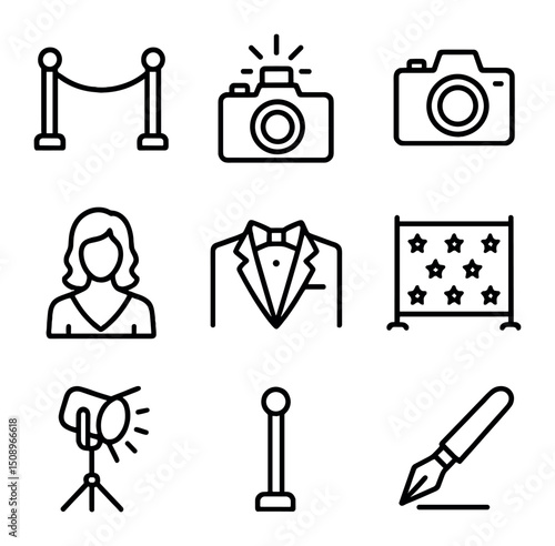 Red Carpet Icons. Outline icon set of red carpet gala features: velvet rope, camera flash, paparazzi camera, actress silhouette,
