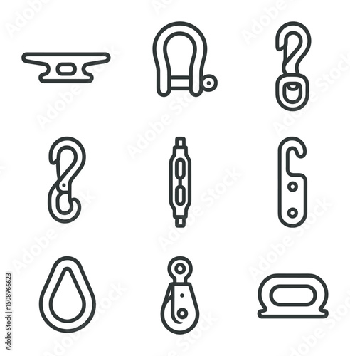 Nautical Hardware Icons. Outline icon set of nautical hardware: cleat, shackle, swivel hook, snap hook, turnbuckle, fender hook,