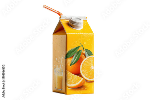 PNG Freshly squeezed orange juice carton with straw and droplets
