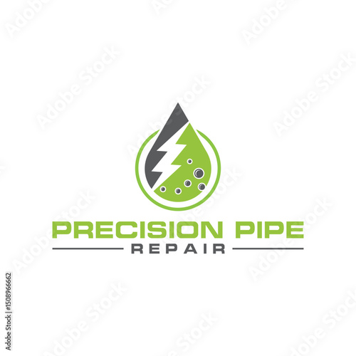 Precision Pipe Repair logo with lightning bolt and droplet symbol in green and gray